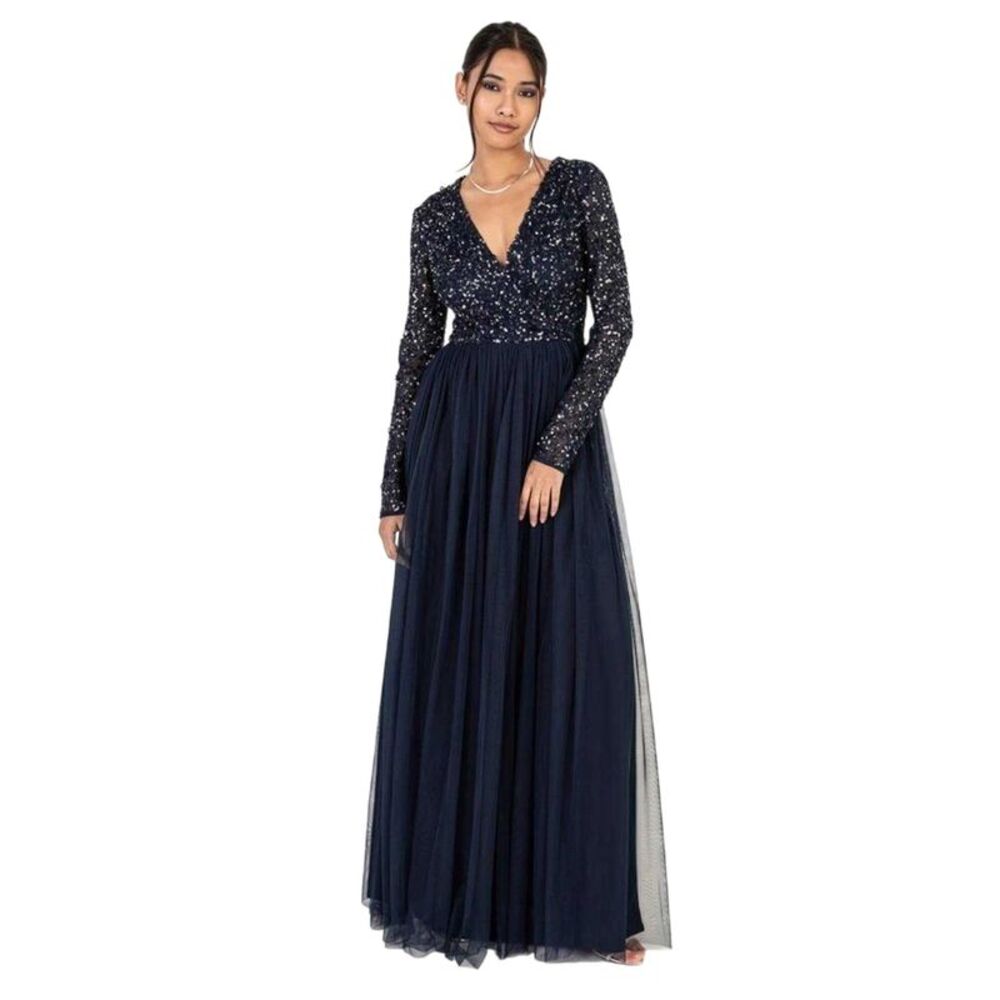 Maya Deluxe Womens/Ladies Sequin V Neck Long-Sleeved Gown / Navy